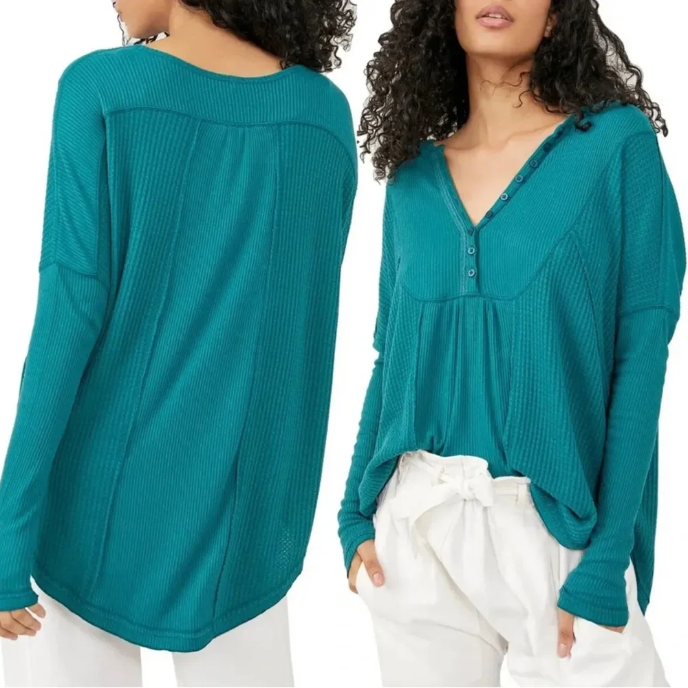 NWT Free People Leo Oversize Henley Soft Waffle‎ Knit Tunic Top Teal Green Small